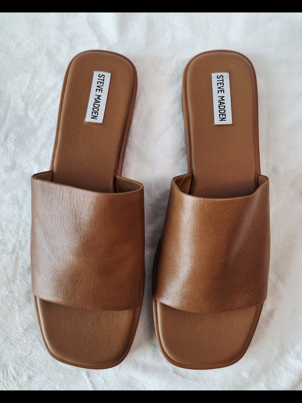Steve Madden "Holmes" Leather Slide Sandals in Cognac